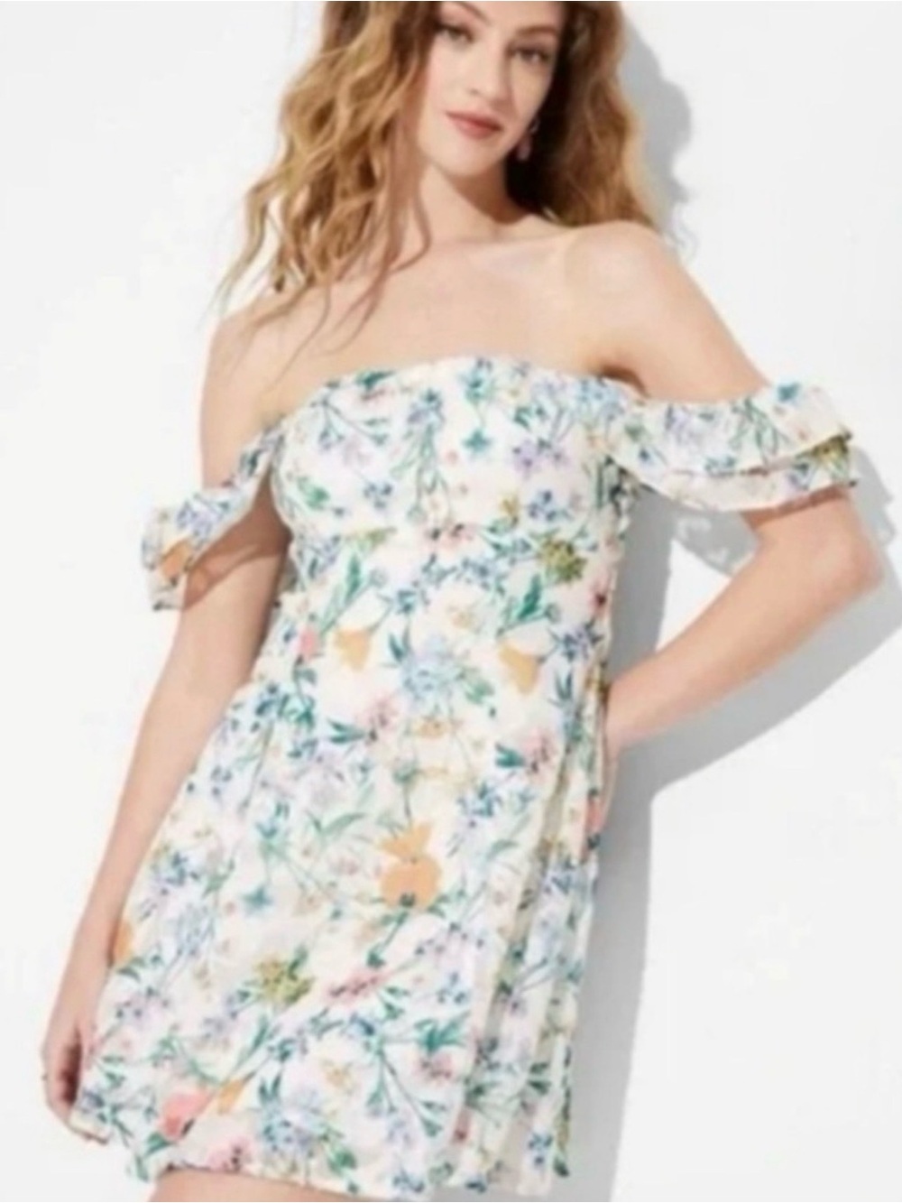 wild fable Off-Shoulder Floral Mini Dress in White with Pastel Blooms
